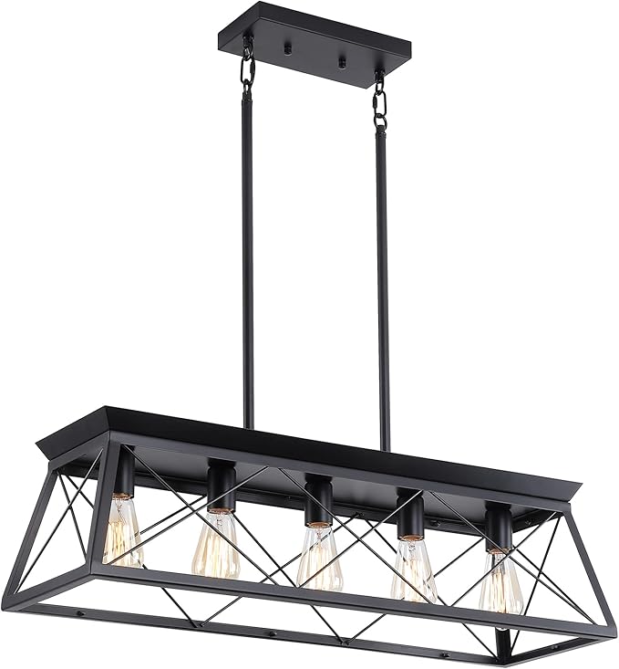 Farmhouse Chandeliers for Dining Room, Rustic Kitchen Island Light Fixture, 5-Light Linear Pendant Lighting Rectangular Chandelier, Metal Solid Ceiling Lights Black