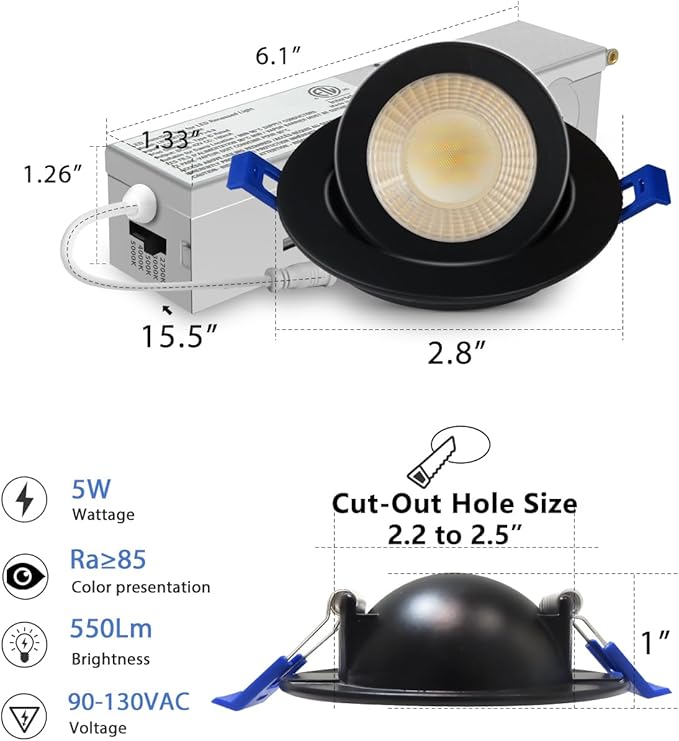 Adetu 2 Inch 5CCT Gimbal Black Led Recessed Lighting with Junction Box, 360°+90° Adjustable Recessed Lights, 2700K/3000K/3500K/4000K/5000K Selectable, 5W Eqv 50W, 550LM Brightness - ETL(Black, 8 Pack)