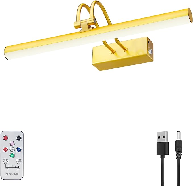 Picture Light, Picture Lights for Wall Cordless, 13inch Picture Lights with Timer and Dimmable, 5000mAh Battery Wall Lights for Display Gallery Painting Art Frame Portrait - Plated Gold, Metal