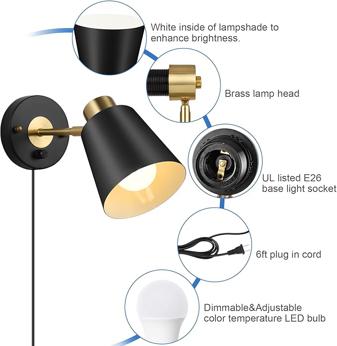 VATONI Wall Sconce Plug in, Remote Control Dimmable Wall Sconces and Adjustable Color Temperature 2700K-6000K Wall Lights with Plug in Cord, Wall Mounted Light for Bedroom Bedside(2 Pack, 2 Bulbs)