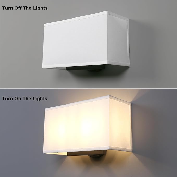 Yosoan White Boho Wall Sconce Stairwell Fixture Light, 2-Light Indoor Hardwired Vanity Dual Vintage Industrial Bedside Sconce Wall Mount Lighting Square Fabric Shade for Hallway Kitchen Living Room