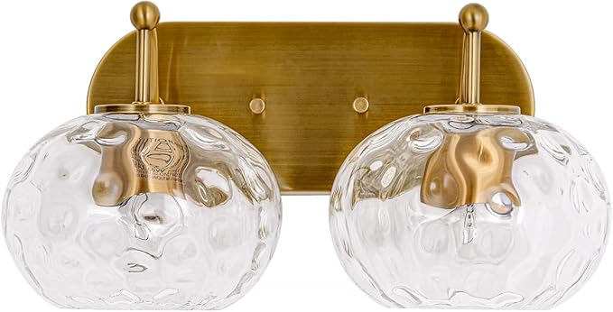 Brushed Gold Vanity Light Clear Hammered Glass Wall Sconce 2-Light Brass Wall Lamp for Hallway Living Room Stairwell Bathroom Over Mirror