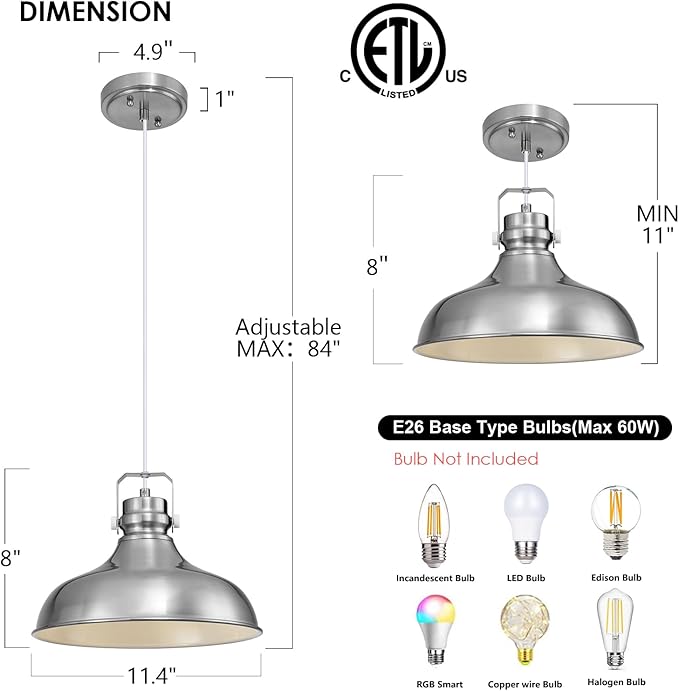 Brushed Nickel Farmhouse Pendant Lights Matte Pendant Lighting for Kitchen Island Industrial Adjustable Height Vintage Dome Hanging Light Fixtures for Barn, Dining Room 2 Packs