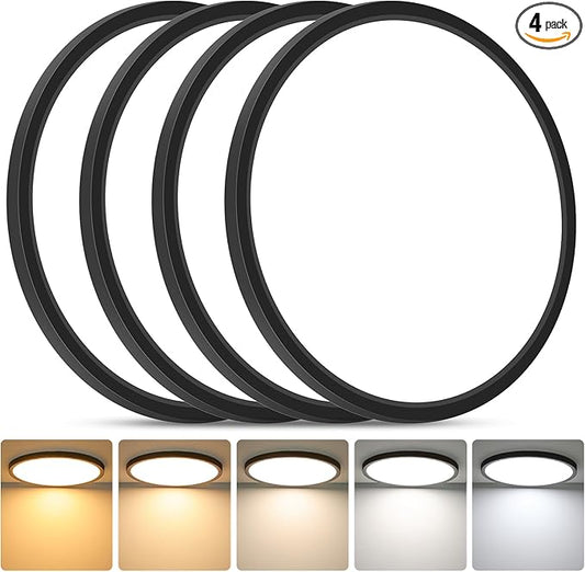 Brightever Black LED Flush Mount Ceiling Light Fixture, 12 Inch 24W, Super Slim 0.67 Inch 3200LM LED Ceiling Lights, Dimmable & 2700K-6500K 5 Color in One Ceiling Lamp for Bedroom, Hallway, 4-Pack
