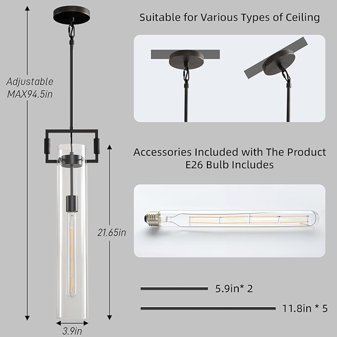 Matte Black Glass Pendant Light: Modern Knurled Brass Pendant Lights Kitchen Island - Contemporary Hanging Light Fixtures with Long Tube - Cylinder Pendants Lighting over Table for Kitchen Bathroom