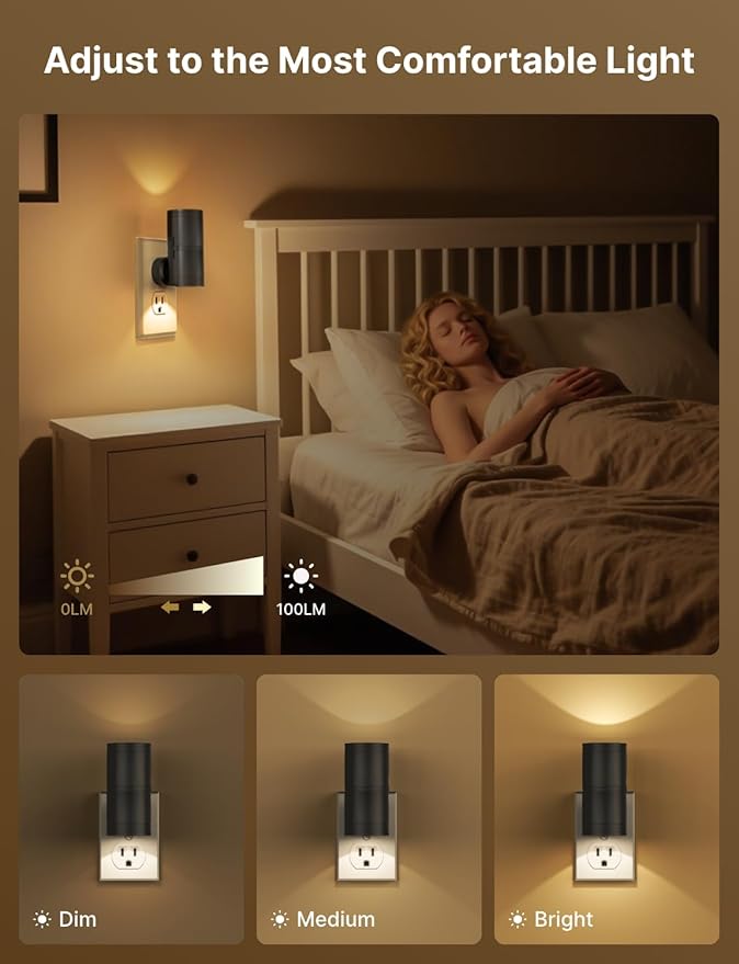 Likelgn Night Light Plug into Wall, 4 Pack Dimmable LED Nightlight with Dusk to Dawn Sensor, Soft White Glow, for Hallway, Bathroom, Bedroom, Black