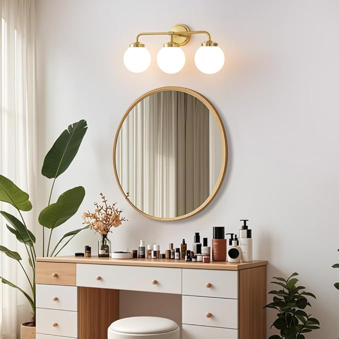 Gold Bathroom Vanity Light Fixtures Over Mirror, Modern Brass 3 Lights Wall Sconce with Milky Glass Ball Shade, Mid Century Farmhouse Vanity Lighting