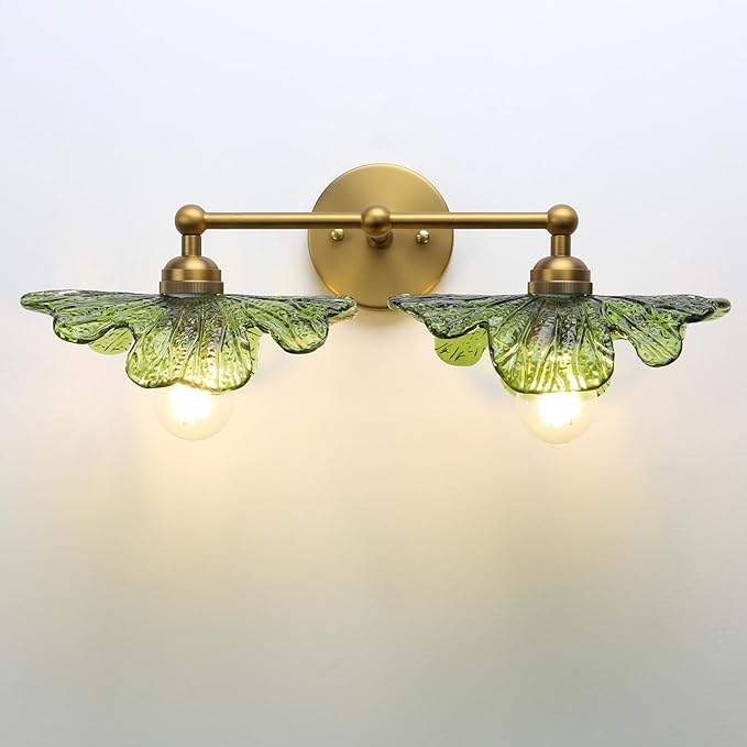 Pathson 2-Lights Wall Sconce Green Petal Glass, Hardwired Double-Head Bathroom Sconces Boho Brass Vanity Light for Wall Decor Living Room, Kitchen Sink, Bedroom, Farmhouse