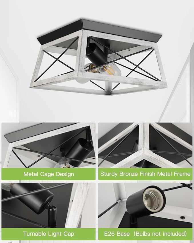 Farmhouse Flush Mount Ceiling Light Oak White Ceiling Light Fixtures 2-Light Industrial Vintage Metal-Framed Ceiling Lighting for Hallway Foyer Kitchen Dining Room Bedroom Living Room Laundry