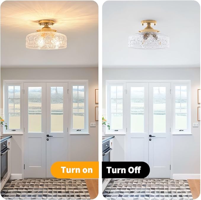 Gold Semi Flush Mount Ceiling Light, 3-Light Close to Ceiling Light with Globe Glass, Vintage Hallway Lights, Brass Closet Light Fixture, Kitchen Flush Ceiling Mount for Entryway Bedroom Bathroom,E12