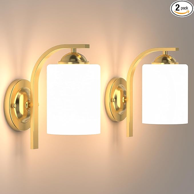 2-Pack Wall Sconces for Bedroom and Bathroom, Gold Farmhouse Wall Light Fixtures with Glass Shade, Modern Vanity Wall Lamps for Living Room, Hallway, Kitchen