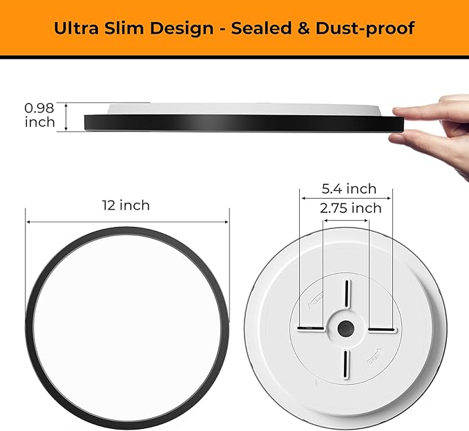 Matane 6Pack 12 inch LED Flush Mount Ceiling Light, 24W Ceiling Light Fixture 3000K/4000K/5000K Selectable, Low Profile Ceiling Lights for Bedroom, Living Room, Laundry, Black