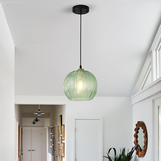9.8'' Green Glass Pendant Lighting, Single Large Globe Chandelier with Ribbed Glass Lampshade, Nordic Ceiling Hanging Ball Light Fixture for Kitchen Island, Dining Living Room, Bedroom