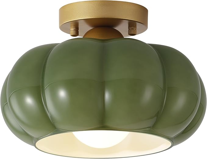 Vintage Semi Flush Mount Ceiling Light,Mid Century Modern Ceiling Light Fixtures,10 Inch Green Glass Shade with a Gold Base,for Bedroom, Kitchen, Hallway, Entryway, and Balconie