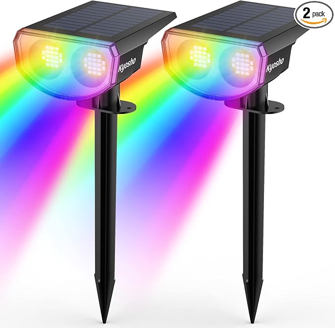 Kyosho Solar Outdoor Color Changing Spot Lights, 38 LEDs RGBW Waterproof Solar Landscape Lights with 9 Lighting Modes, Multicolor Halloween Christmas Decorative Spotlight for Tree Pool Garden, 2 Pack