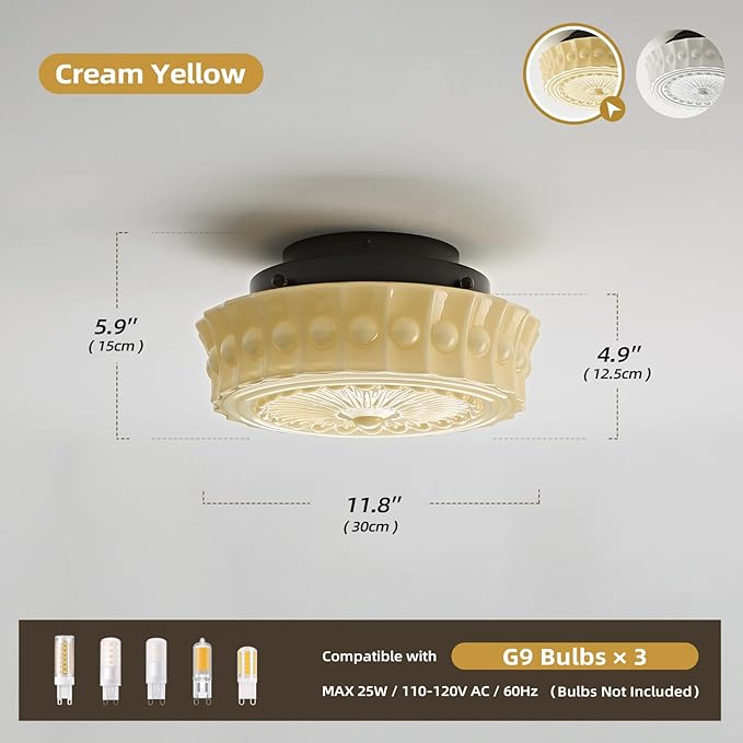 Schoolhouse Vintage Glass Ceiling Light - Small 12 Inch Cream Yellow Mid Century Modern Flush Mount Lighting Fixtures - Art Deco Lamp for Bedroom Kitchen Entryway Laundry Hallway Foyer Bathroom Hall