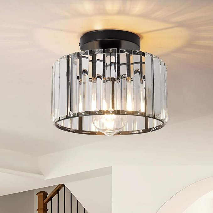 9 Inch Black Crystal Ceiling Light Fixture - Modern Semi-Flush Mount Chandelier with Premium Crystals for Entryway, Dining Room, Bedroom, Kitchen