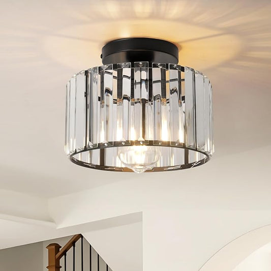 9 Inch Black Crystal Ceiling Light Fixture - Modern Semi-Flush Mount Chandelier with Premium Crystals for Entryway, Dining Room, Bedroom, Kitchen