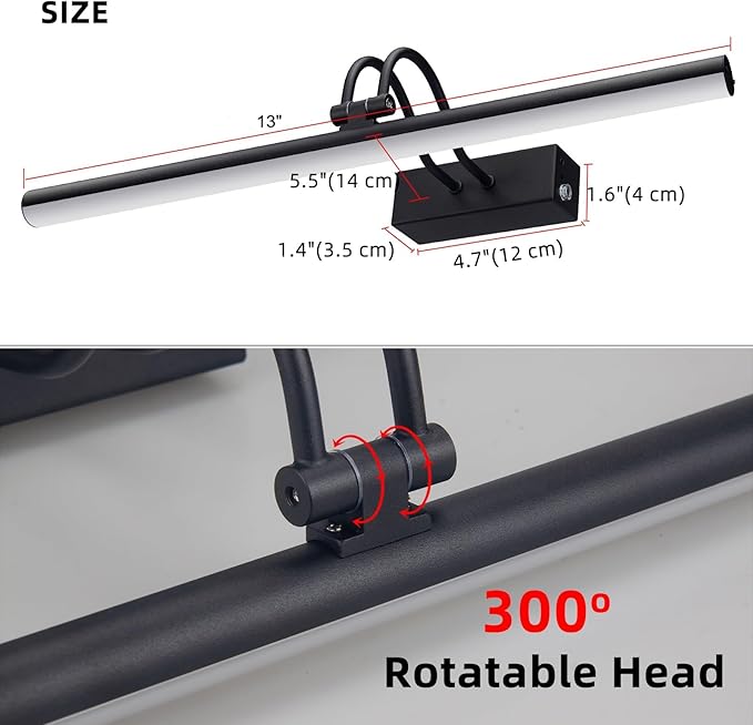 RAIFOOLLY Picture Light, Picture Lights for Wall Cordless, 13inch Picture Lights with Timer and Dimmable, 5000mAh Battery Wall Lights for Display Gallery Painting Art Frame Portrait - Black
