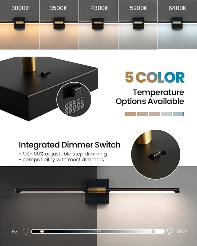 Black Gold Vanity Light Fixtures for Bathroom Over Mirror 30 inch LED Bath Sconces IP44 5CCT Adjustable Morden Picture Lights for Paintings (Built-in Dimmer)