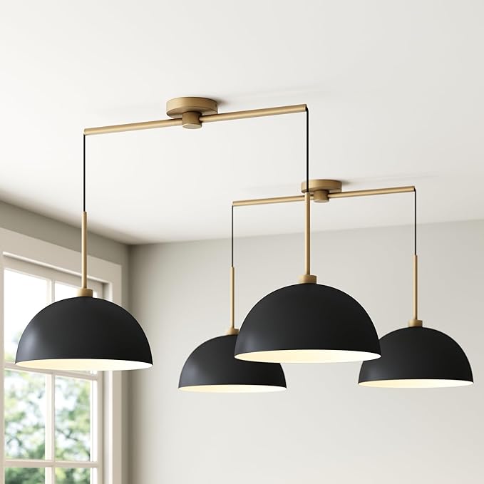 Nathan James Percy Modern 2-Light Pendant Island Light Fixture, Hanging Lights with Metal Shade and Adjustable Cord, for Kitchen, Living Room, Black/Vintage Brass, Set of 2