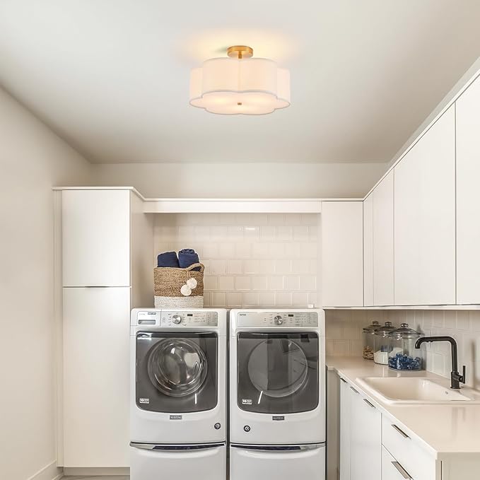 Modern Semi Flush Mount Ceiling Light Modern Gold 3-Lights Drum Ceiling Lighting Fixture Vintage Linen Golden Ceiling Lamp for Laundry Room, Kitchen, Basement, Dining Room, Bedroom