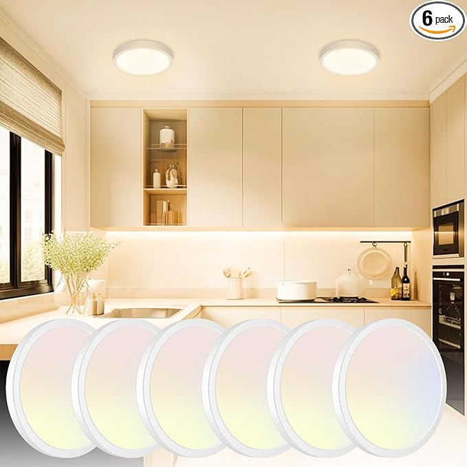 slochi 6Pack LED Flush Mount Ceiling Light, Dimmable & 100W Equivalent Super Slim LED Ceiling Light, 3000K-6500K Selectable, 12W 1500Lm Round Light Fixture for Bedroom, Bathroom, Closet, Hallway