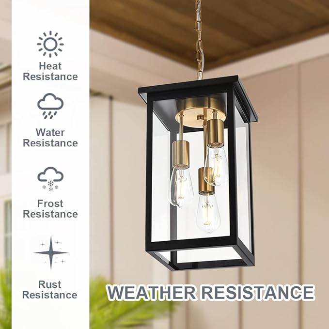 TODOLUZ Outdoor Pendant Light Fixtures, 3-Lights Exterior Hanging Lantern, Black Large Outdoor Hanging Porch Light with Clear Glass Shade