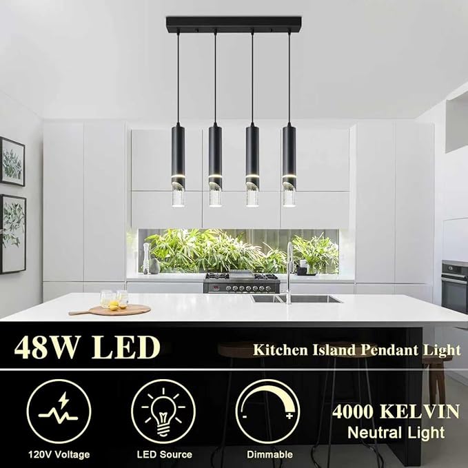 Modern LED Pendant Lighting Fixture 48-Watt 4 Light Black Kitchen Island Chandelier Dimmable Kitchen Light Fixtures Perfect for Dining Room Hanging Island Lighting Crystal Bubble Pendant Lights