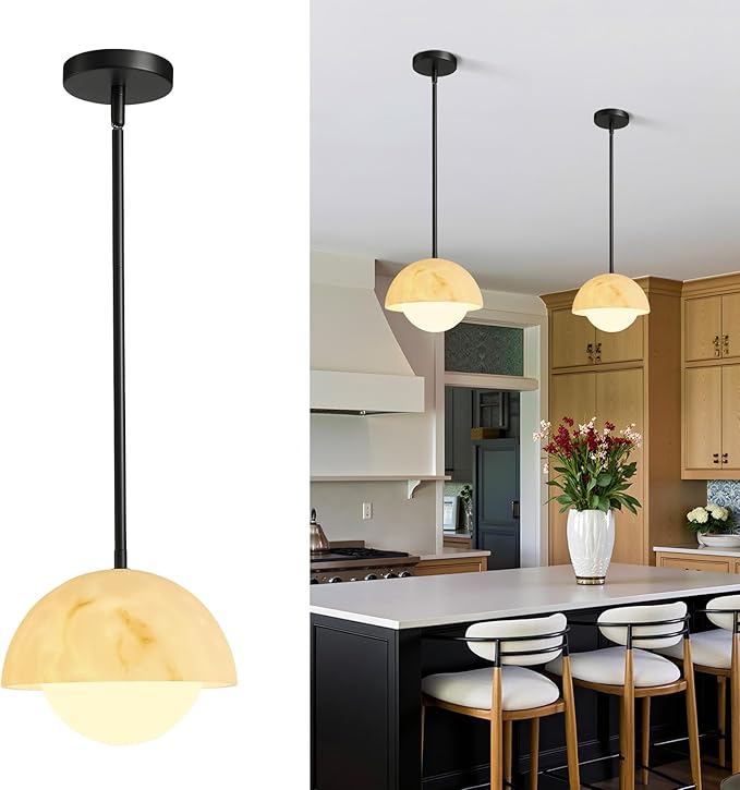Modern Pendant Light Fixtures: 10 Inch Resin Shade Mid Century Chandelier with Milk Glass Globe - Adjustable Black Pendant Lighting for Kitchen Island