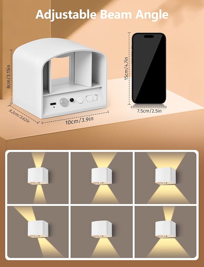 Motion Sensor Wall Lights, Wireless Rechargeable Wall Sconce with Remote Control, 10-100% Dimmable 2700-6500K, Adjustable Beam Angle, 3 Modes, 5000mAh White Wall Lamp for Bedroom, Hallway, 2-Pack