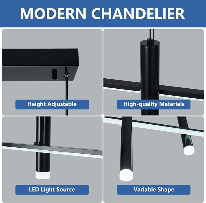 Modern LED Linear Pendant Light with Dual Spotlights Dimmable 6000K Pendant Lights Kitchen Island Plated Black Chandeliers for Dining Room Table Living Room Bedroom(L31.5in)