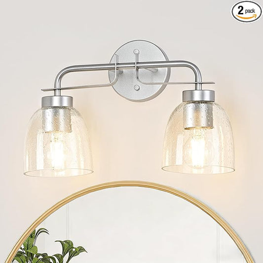 16 Inch Vanity Lights, 2-Light Silver Vintage Industrial Bathroom Light Fixtures with Bell Bubble Glass Shade, Wall Sconce for Bathroom Mirror, Bedroom, Hallway (2 Pack)