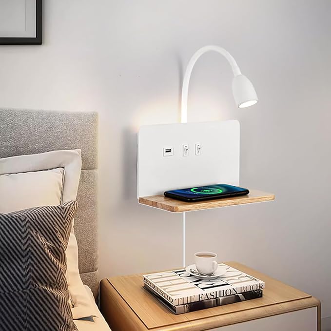 Bedside Wall Sconces with Wireless Charging Station & USB Charging, 3 Adjustable Color Temperatures LED Reading light, 3000K Warm Ambient lighting Wall Mounted Sconce for Bedroom, Plug-in or Hardwired