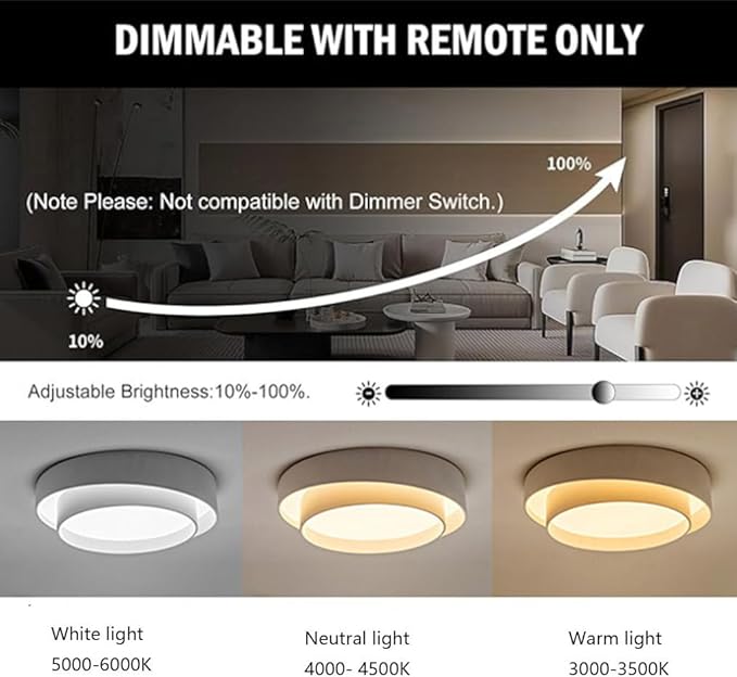 Simple Style Ceiling Lamp Decorative LED Three-Color Dimming Close to Ceiling Light Flush Mount Lighting Fixture Bedroom Living Room Study Children's Lamp