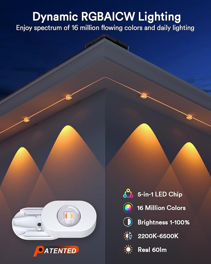 Lumary Permanent Outdoor Lights 2 with Remote, Slide-Base, 100ft with 60 RGBAICW LEDs for House Daily & Accent Lighting, 110+ Scene Modes for Christmas Outdoor Decor, Work with Alexa Google, White