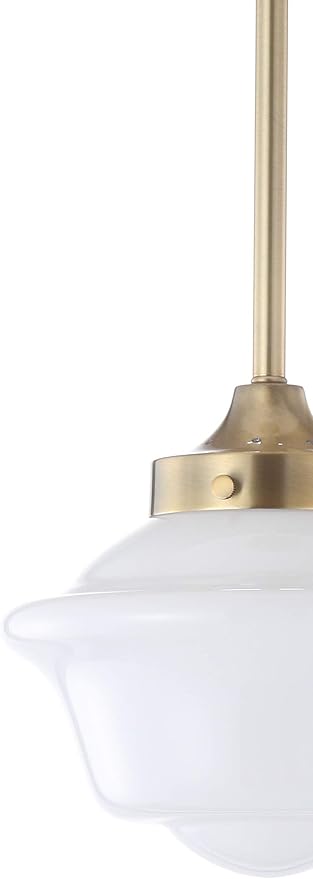 JONATHAN Y 7.2" Brass Gold Modern Schoolhouse LED Pendant Light Fixture, Adjustable Drop Metal Hanging Lamp with White Glass Shade for Kitchen Island, Dining Room, Foyer JYL3516A
