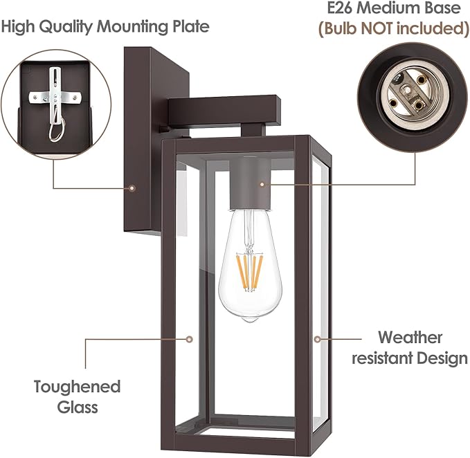 MAXvolador Outdoor Wall Lantern, Exterior Waterproof Wall Sconce Light Fixture, Dark Chocolate Anti-Rust Mount Lights Glass, E26 Porch Patio Lighting