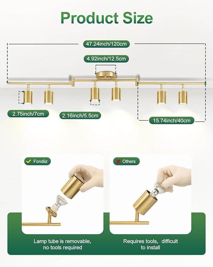 6 Ways Track Lighting, Rotatable Heads Tracks Light, Track Lightings Fixtures Ceiling with Foldable Arms, Brushed Gold Tracks Light for Kitchen, Living Room, Hallway(Bulbs Not Included)