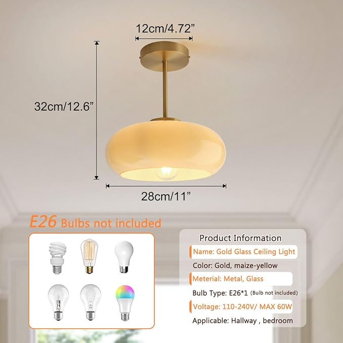 Mid Century Ceiling Light Fixtures Milk Glass Ceiling Lights Round Milk Yellow Shade Gold Brass Semi Flush Mount Ceiling Light Globe Glass Ceiling Lamp for Hallway Dining Room Kitchen