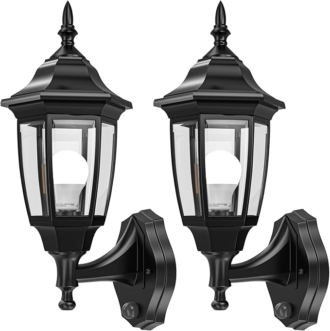 EMART Dusk to Dawn Plastic Outdoor Wall Light Fixtures with Bulbs, Waterproof and Anti-Corrosion Porch Sconces, Exterior Lanterns Wall Mount Lamp for Outside, Garage, Front Door, Patio, 2 Pack, Black