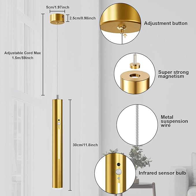 Lightess Battery Operated Pendant Light Motion Sensor Set of 2, Wireless Chandelier with Remote, 3 Color Dimmable, 6000mAh Hanging Light for Kitchen Island Dining Room Bedroom, Gold