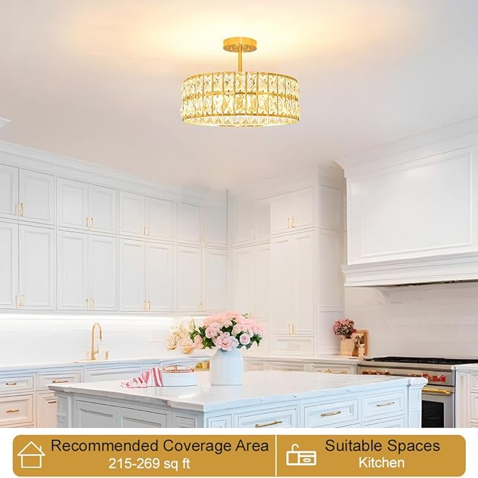 Crystal Ceiling Light Fixture, Modern Brushed Gold Ceiling Light Chandelier, Semi Flush Mount Chandelier Lighting Fixture for Kitchen Entryway Living Room Dining Room, 5-Light, 16 Inch