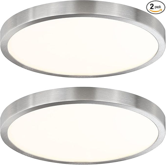 12 Inch Flush Mount LED Ceiling Light Fixture, Slim Dimmable Flush Mount Light for Kitchen, Metal and Glass Modern Ceiling Light for Low Ceiling, Bedroom, Laundry, Brushed Nickel, 22W, 3000K, 2 Pack
