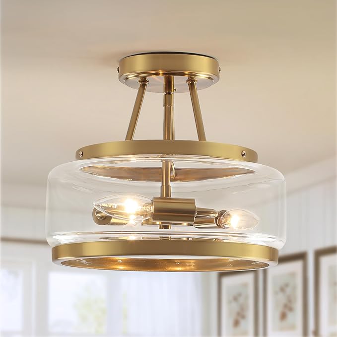 11.8" Gold Semi Flush Mount Ceiling Light, Small Ceiling Lighting Modern Clear Glass Flush Mount Drum Light Fixture for Dining Room Foyer Entryway Bedroom Kitchen Bathroom 3-Light