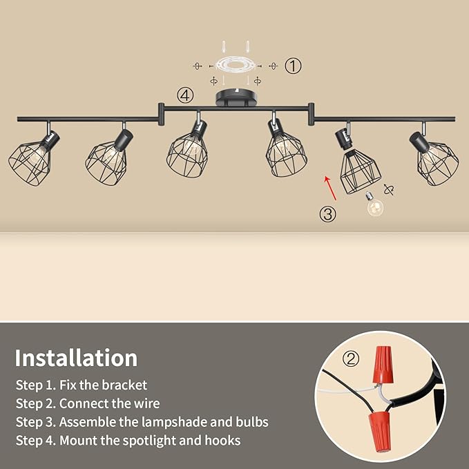 GORDNWE 6-Light Track Kits, Adjustable Track Fixtures - E12 Metal Wire Cage Retro Ceiling Lighting - Black for Kitchen, Living Room, Bedroom