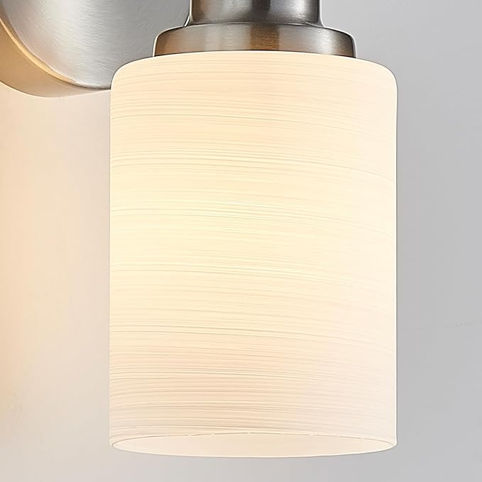 2-Light Vanity Lights, Brushed Nickel Bathroom Light Fixture with Striped Textured Milky White Glass Shade, E26 Modern Vanity Lighting Fixture for Bathroom Wall Sconce Light Over Mirror