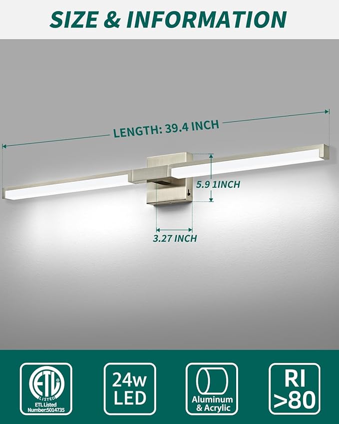 OKELI Modern Bathroom Light Fixtures Over Mirror, 40 Inch Brushed Nickel Vanity Light Bar for Bathroom, 24W 5CCT Diammable Wall Light