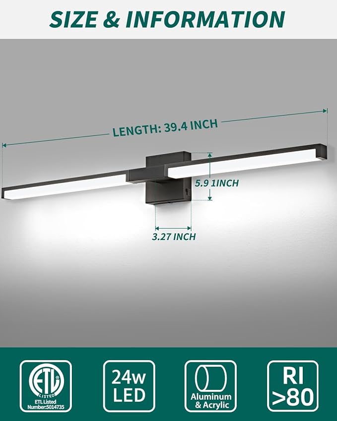 OKELI Modern Bathroom Light Fixtures Over Mirror, 40 Inch Matte Black Vanity Light Bar for Bathroom, 24W 5CCT Diammable Wall Light
