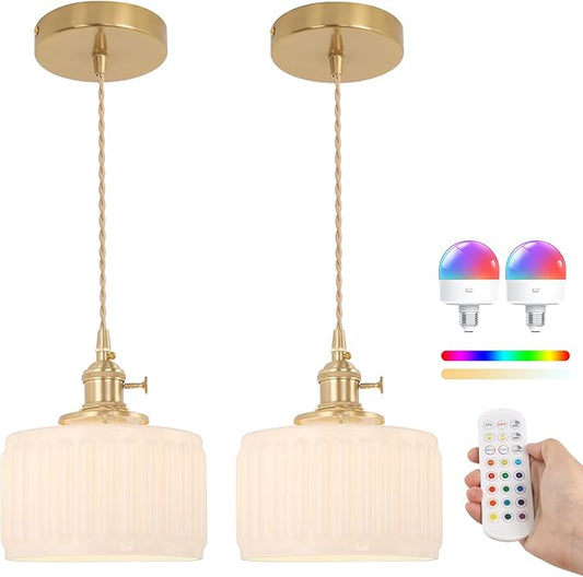 Shenmoyl Battery Operated Pendant Light 5000mAh Rechargeable Chandelier with Remote Control Wireless Adjustable Hanging White Striped Light for Kitchen Island Dining Room Hallway, 2 Pack
